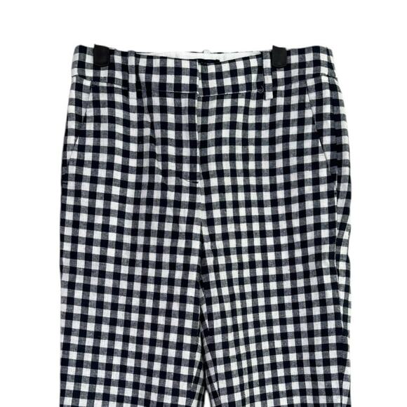 J Crew Holland Linen Straight Leg Checkered Pants Ankle Pockets 00 Black White - Picture 2 of 14